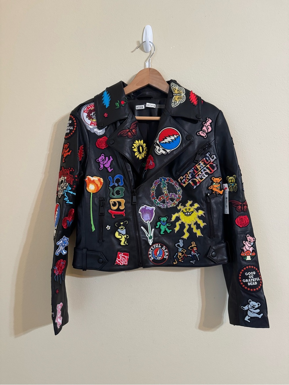 Alice + Olivia x Grateful Dead New Cody Vegan Moto Leather Jacket Black Small